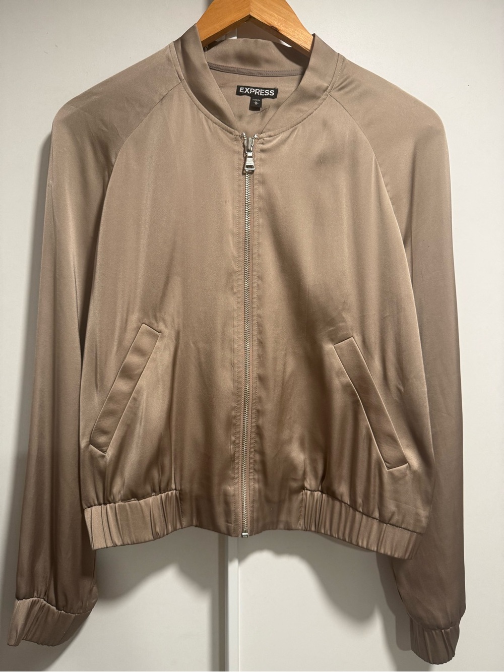 Express Women's Taupe Satin Bomber Jacket